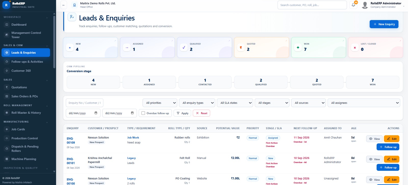 RollsERP CRM and enquiry screen