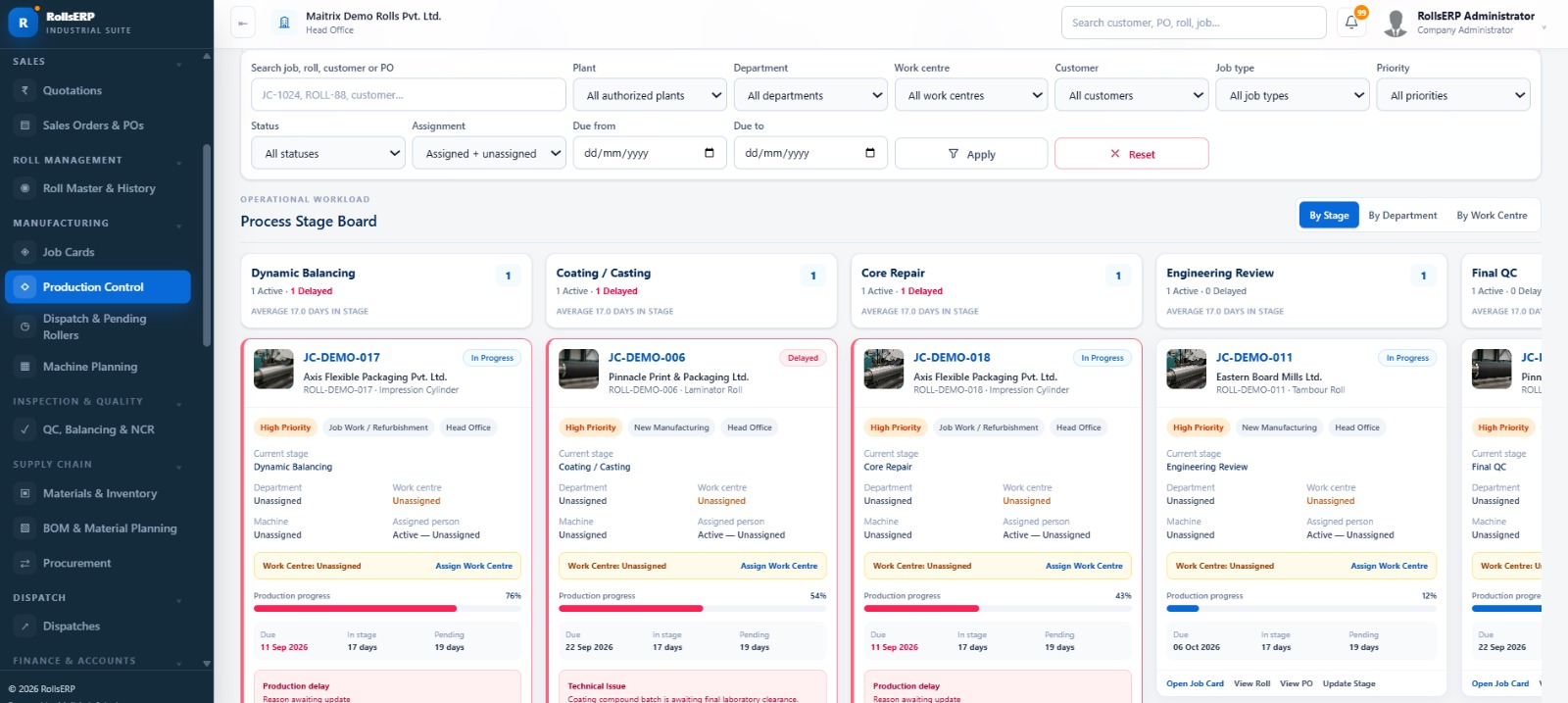 RollsERP dispatch and receivables screen